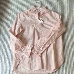 J Crew Pink Gingham Ruffle Collar Button-Up Blouse Size 6